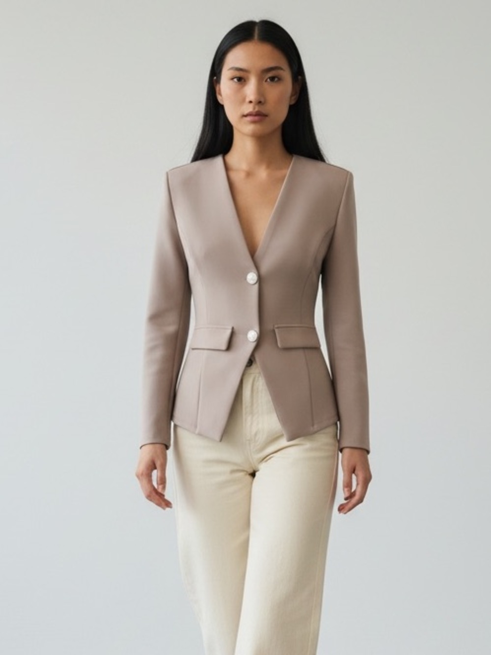1321 • Taupe Scuba V Neck Collarless Silver Lion Button Stretch Blazer Jacket